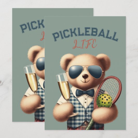 Pickleball Party Toernooi Uitnodigingen Teddy Bear (Voorkant / Achterkant)