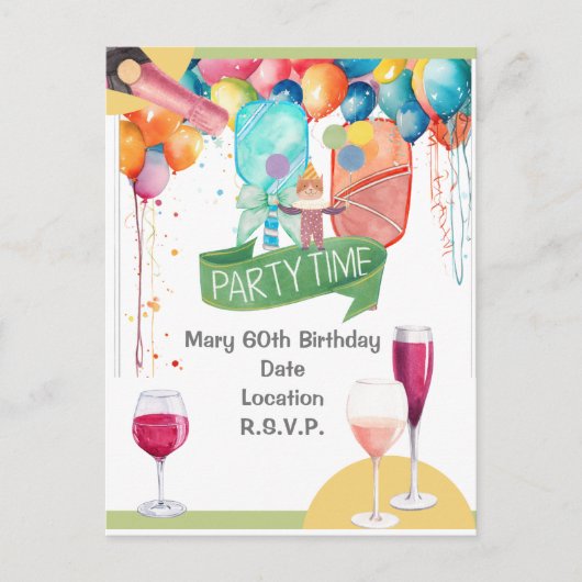 Pickleball Party Verjaardag waterverf Briefkaart (Voorkant)