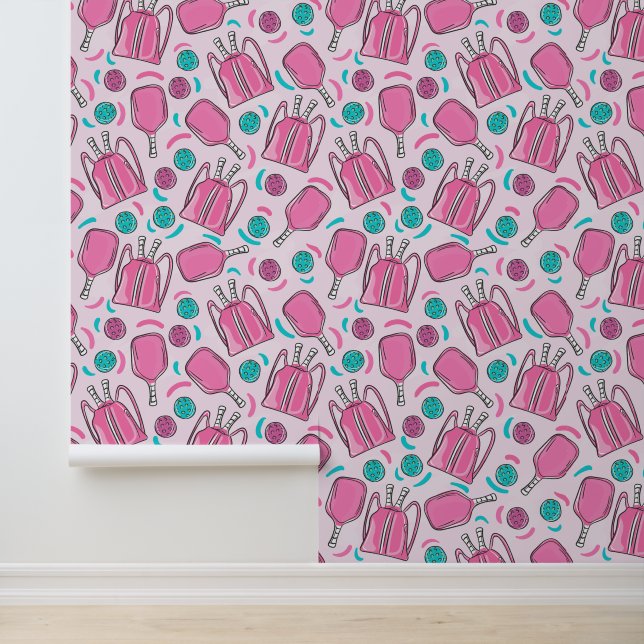Pickleball Pink Paddle Blue Pink Ball Preppy Behang (Applicatie)