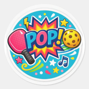 “Pickleball POP! Ronde Sticker – Helder Comic Stij