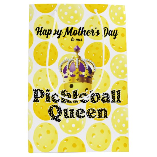 Pickleball Queen - Gele Pickleball Wearing Crown Medium Cadeauzakje (Voorkant)