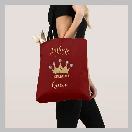 Pickleball Queen Glam Glitz Monogram Name Gold Tote Bag