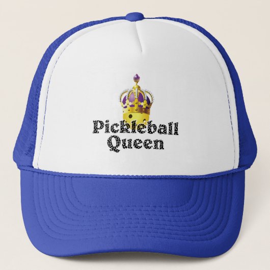 Pickleball Queen, Yellow Ball Paars, Gold Crown Trucker Pet (Voorkant)