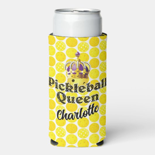 Pickleball Queen Yellow Ball Wearing Crown Paars Seltzer Blikjeskoeler (Seltzer Voorkant)