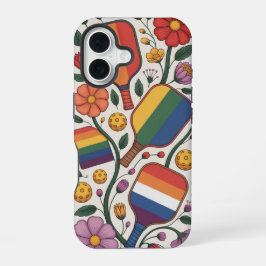 Pickleball Regenboogvlag Paddles Met Bloemen iPhone 16 Hoesje