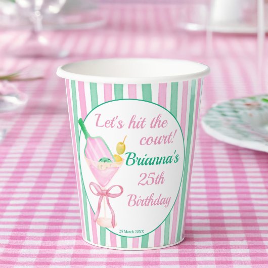 Pickleball roze en groen verjaardagsfeestje op maa papieren bekers