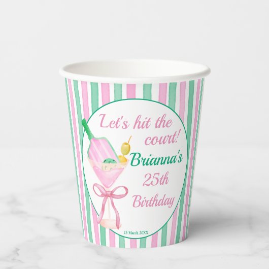 Pickleball roze en groen verjaardagsfeestje op maa papieren bekers (Achterkant)