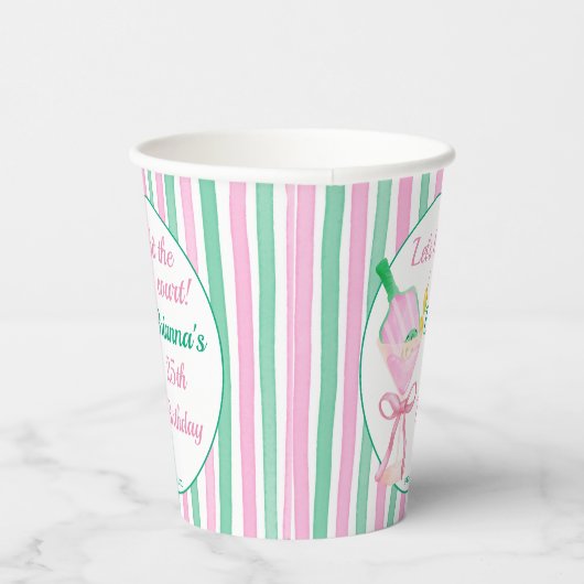 Pickleball roze en groen verjaardagsfeestje op maa papieren bekers (Rechts)