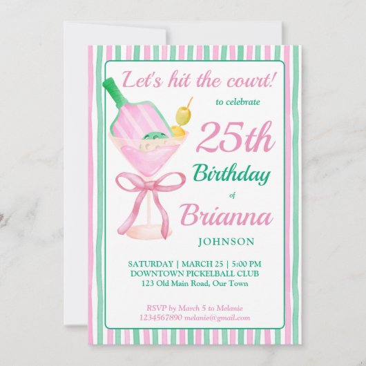 Pickleball roze en groen verjaardagsfeestje uitnod kaart (Voorkant)
