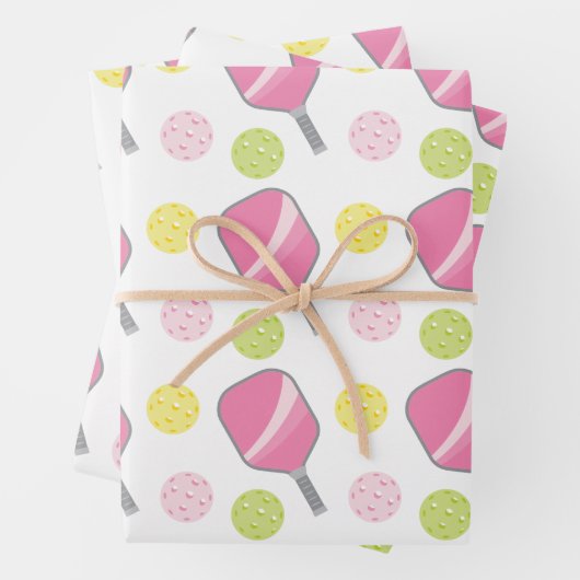 Pickleball Roze Groen & Gele Paddle en Ballen Inpakpapier Vel (In situ)