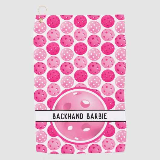 Pickleball Roze & Wit Pickleballs gepersonaliseerd Golfhanddoek (Voorkant)