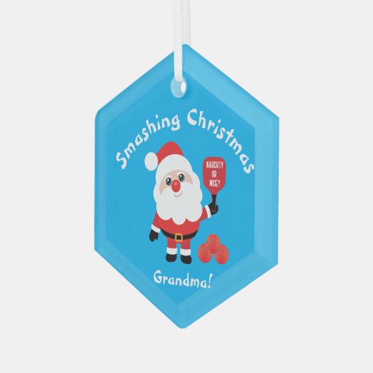 Pickleball 🎅 Santa Blue Glass Ornament (Voorkant links)