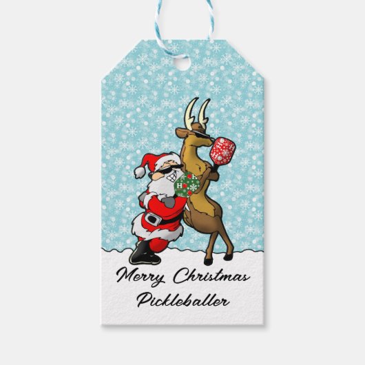 Pickleball Santa en Rendier Sleighing It Cadeaulabel (Voorkant)