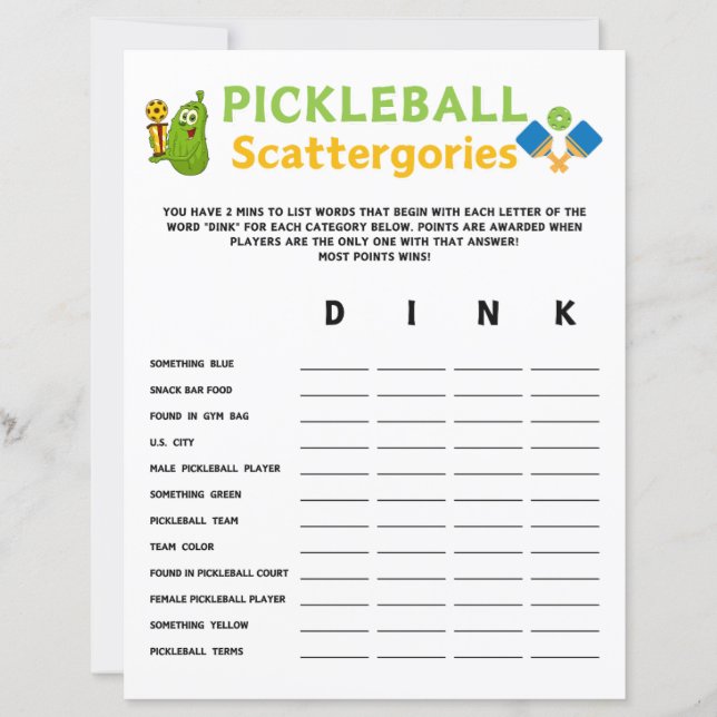 Pickleball Scattergories spel (Voorkant)