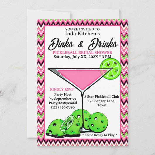 Pickleball Shower Dinks & Drinks Roze Chevron Kaart (Voorkant)