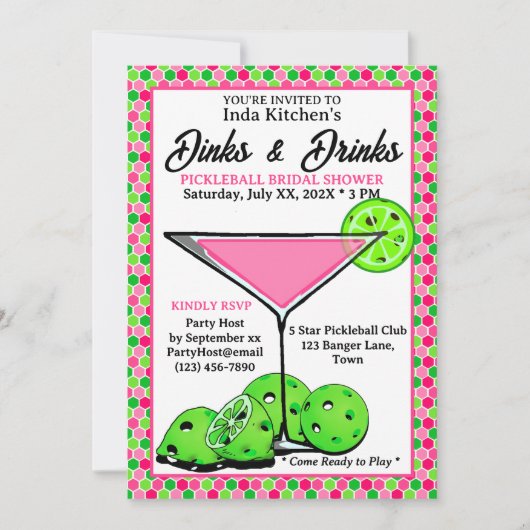 Pickleball Shower Dinks & Drinks Roze Honingraat Kaart (Voorkant)