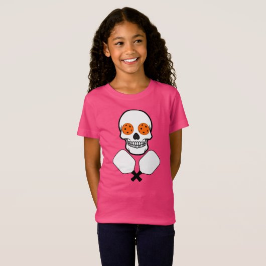 Pickleball Skull en Crossed Paddles, Oranje Balls T-shirt (Voorkant volledig)