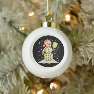 Pickleball Sneeuwman Kerstman Hoed Kerstverlichtin Keramische Bal Ornament