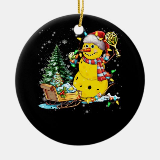 Pickleball Sneeuwman Santa Hat Lights Christmas Pi Keramisch Ornament (Voorkant)