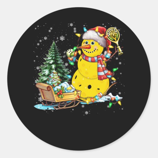 Pickleball Sneeuwman Santa Hat Lights Christmas Pi Ronde Sticker (Voorkant)