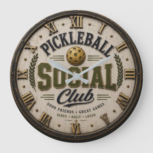 Pickleball Social Club Rustic Player Gift Grote Klok (Voorkant)