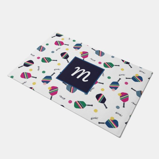 Pickleball Speciaal Monogram Blauw Groen Roze Deurmat (Schuin)