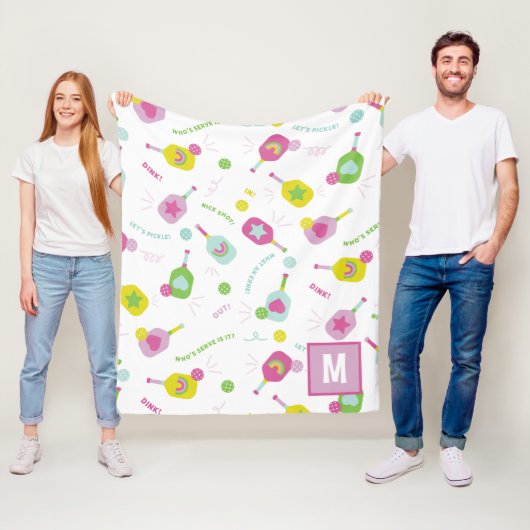 Pickleball Speciaal Monogram Blauw Groen Roze Fleece Deken (In situ)