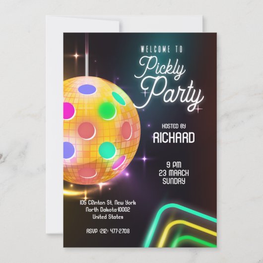 Pickleball Sport Neon Thema Disco bal Party Kaart (Voorkant)