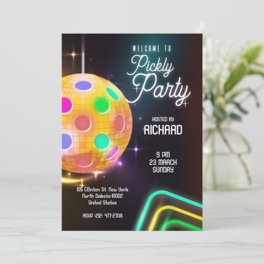 Pickleball Sport Neon Thema Disco bal Party Kaart (Staand voorkant)