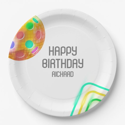 Pickleball Sport Neon Thema Disco bal Party Papieren Bordje (Voorkant)