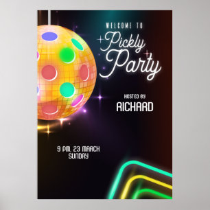 Pickleball Sport Neon Thema Disco bal Party Poster