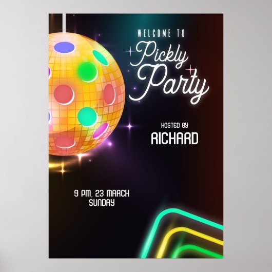 Pickleball Sport Neon Thema Disco bal Party Poster (Voorkant)