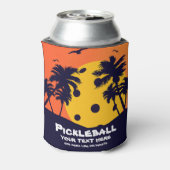 Pickleball Sun Palm Trees voegen aangepaste tekst  Blikjeskoeler (Blikje Achterkant)