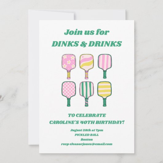 Pickleball Theme Roze Groene Retro Verjaardagsfees Kaart (Voorkant)