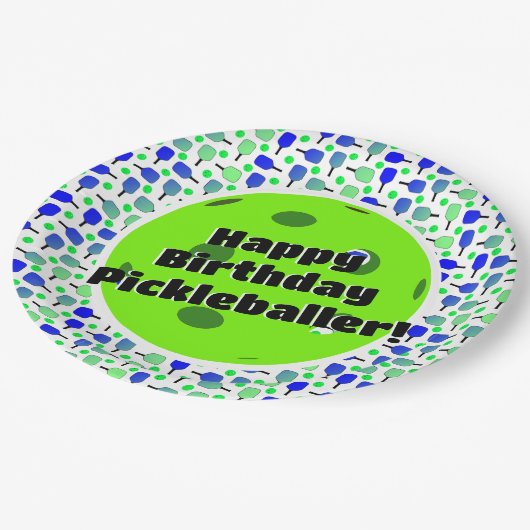 Pickleball Verjaardag Blauw Groen Gepersonaliseerd Papieren Bordje (Gekanteld)