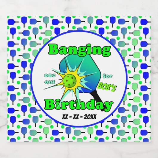 Pickleball Verjaardag Blauw Groen Paddle Ball Bang Bier Etiket (Enkel label)