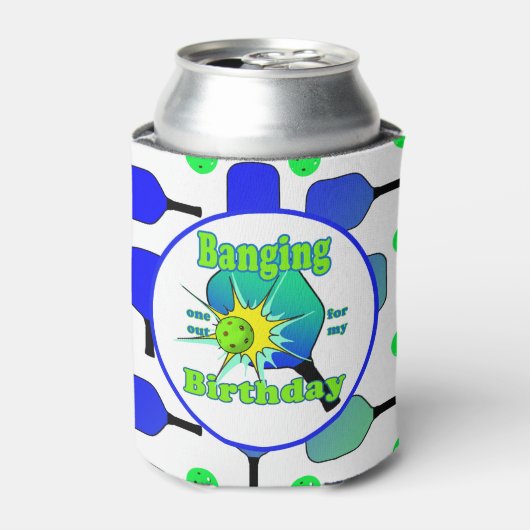 Pickleball Verjaardag Blauw Groen Paddle Ball Bang Blikjeskoeler (Blikje Voorkant)