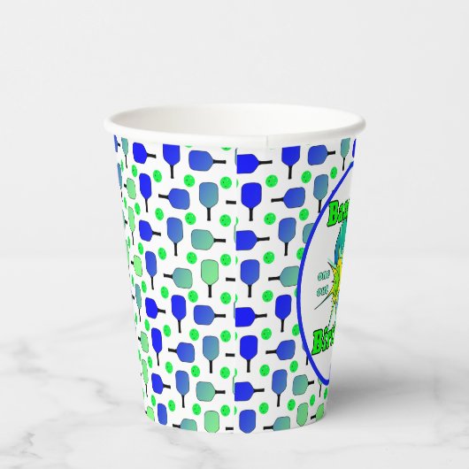 Pickleball Verjaardag Blauw Groen Paddle Ball Bang Papieren Bekers (Rechts)