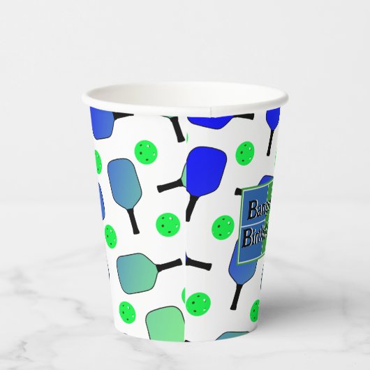 Pickleball Verjaardag Blauw Groen Paddle Ball Bang Papieren Bekers (Rechts)