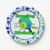 Pickleball Verjaardag Blauw Groen Paddle Ball Bang Papieren Bordje (Voorkant)