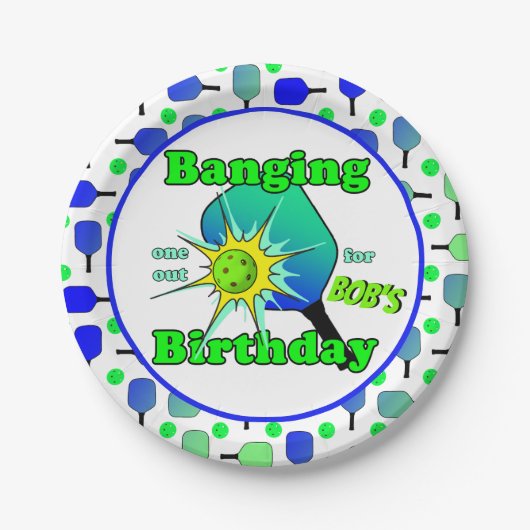 Pickleball Verjaardag Blauw Groen Paddle Ball Bang Papieren Bordje (Voorkant)