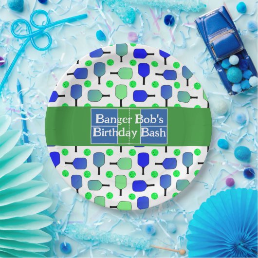 Pickleball Verjaardag Blauw Groen Paddle Ball Bang Papieren Bordje (Feest)