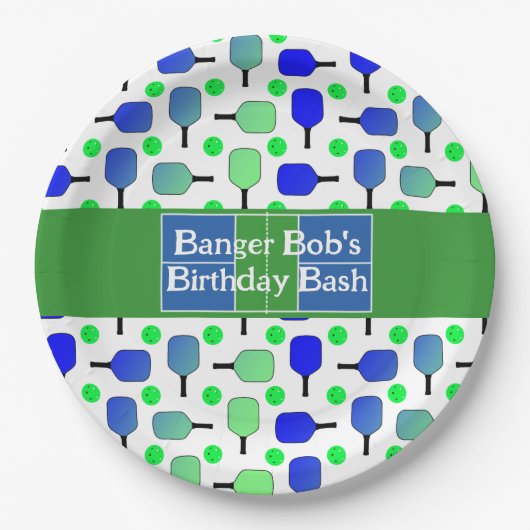 Pickleball Verjaardag Blauw Groen Paddle Ball Bang Papieren Bordje (Voorkant)