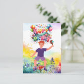 Pickleball-verjaardag met bloemen en regenboog briefkaart (Staand voorkant)