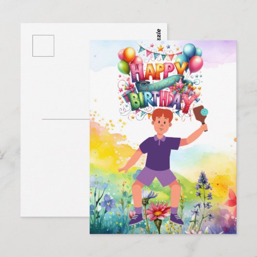 Pickleball-verjaardag met bloemen en regenboog briefkaart (Voorkant / Achterkant)