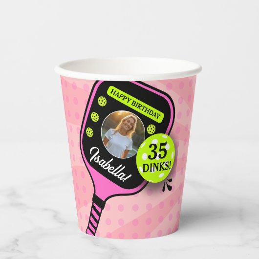 Pickleball Verjaardag RETRO Roze Sport FOTO Papieren Bekers (Voorkant)