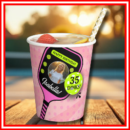 Pickleball Verjaardag RETRO Roze Sport FOTO Papieren Bekers