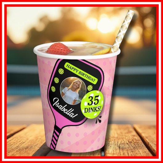 Pickleball Verjaardag RETRO Roze Sport FOTO Papieren Bekers