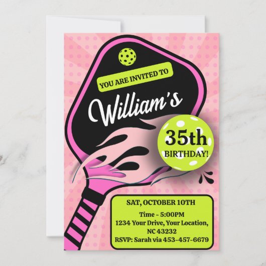 Pickleball Verjaardag RETRO Stripes Roze Sport Kaart (Voorkant)