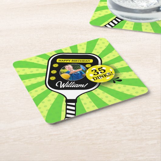 Pickleball Verjaardagsfeest RETRO Groene Sport FOT Kartonnen Onderzetters (Schuin)
